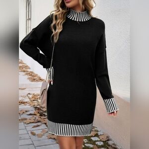 Pullocardi Black Sweater Dress Striped Trim Mock Neck Size M